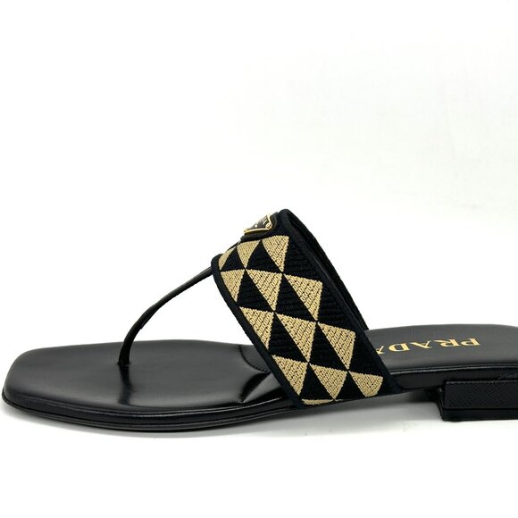 PRADA Triangular Triangle Logo Jacquard Woven T Strap Thong Flat Sandals - Picture 3 of 16